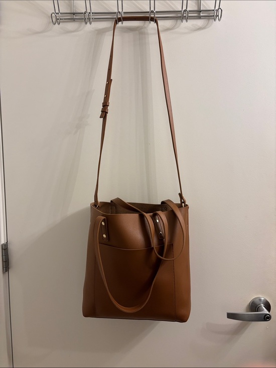 Handbags - Saddle colored faux Leather Tote Bag with Adjustable Strap
